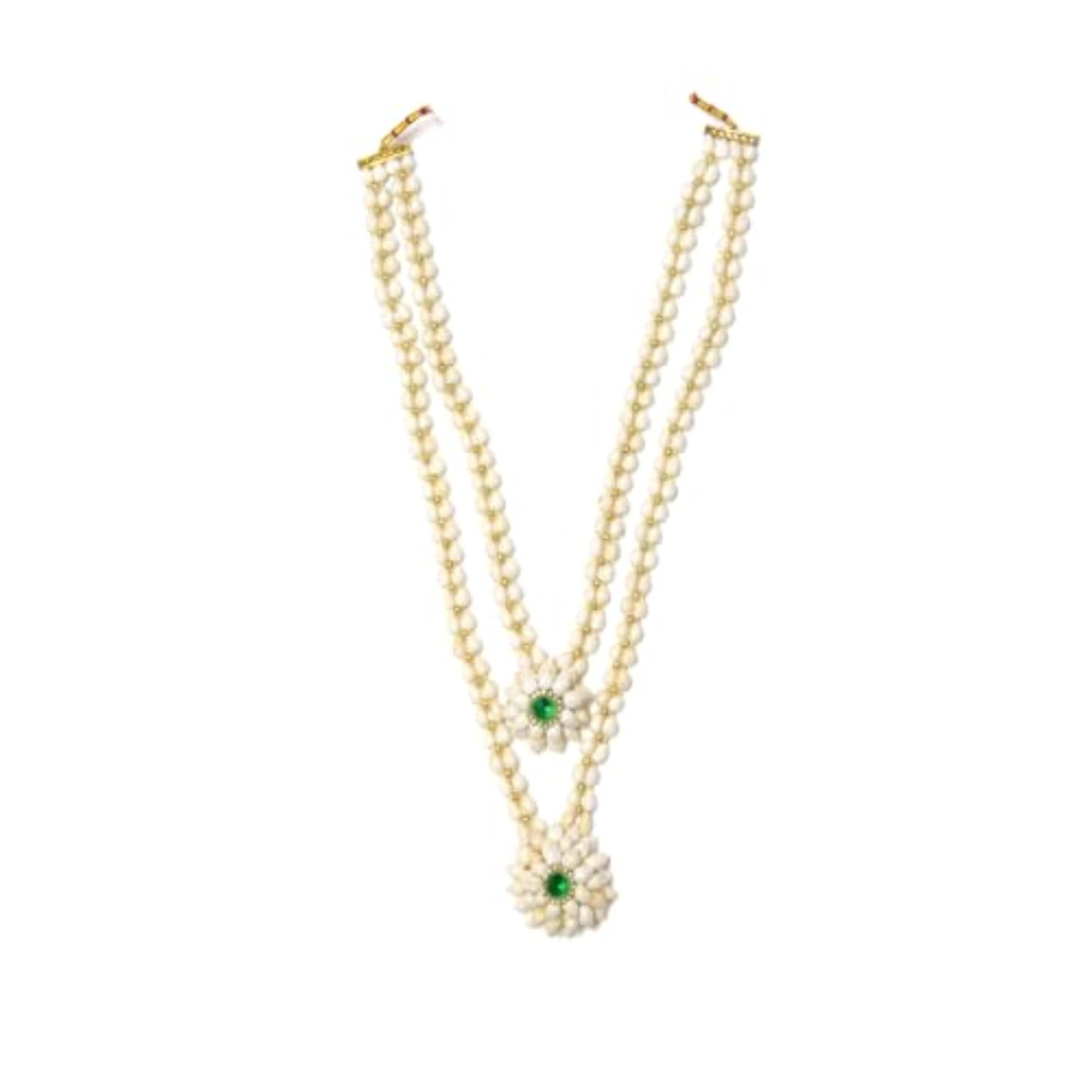 Mogra Flower Jewellery Set with Green Stone Studs