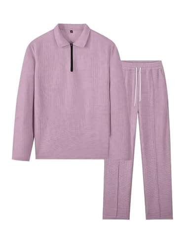 Image of Jawdrobe Men's Waffle-Check Co-Ord Set | Self-Textured Collar Top | Drawstring Jogger Pants | Cotton-Blend Loungewear /Night-Suit | Casual Travel & Streetwear Two-Piece