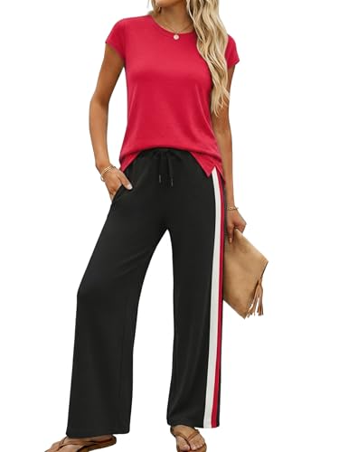 Casly Lamiit Women's 2 Piece Outfits Travel Set Track Suits Summer Short Sleeve Tracksuits Lounge Sets Travel Outfits Red S - view 1