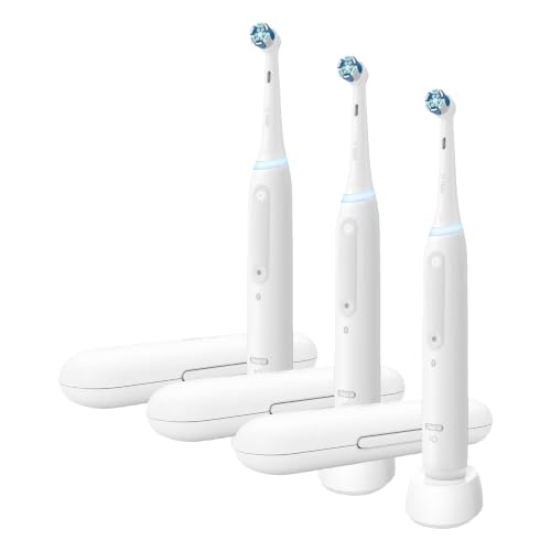 Image of Oral-B Rechargeable Electric Toothbrush, iO3 Limited Deep Clean, 3 Cleaning Modes, Visual Pressure Sensor to Protect Gums, 2 Brush Heads, Travel Case, White, 1 Count (Pack of 3)