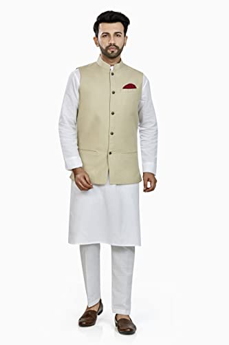 Image of BE ACTIVE 100% Cotton Solid Pattern Trendy Comfortable Stylish Full Sleeve Kurta Pajama Set with Jacket Nehru Style Koti for Men's ||