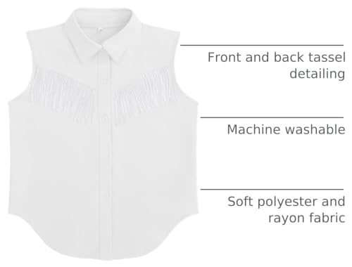 Image of Girls Fringe Shirt Sleeveless Button Down Western Cowgirl Tassel Trim Casual Blouse Shirt Top 4-13Y