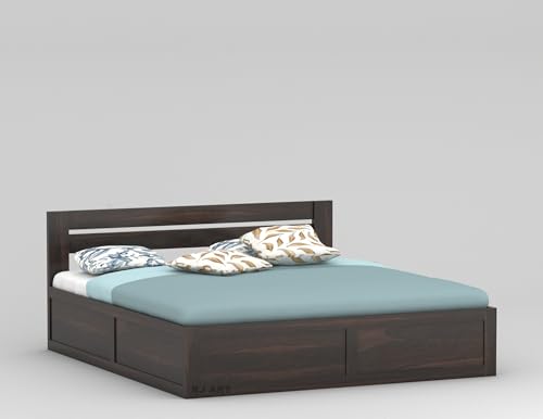 Image of Sheesham Wood Queen Size Bed with Storage | Solid Wood Box Storage Bed | Wooden Double Bed Cot with Storage Box for Bedroom & Hotel | Walnut | Recommended Mattress | Size: 78 X 60 Inch