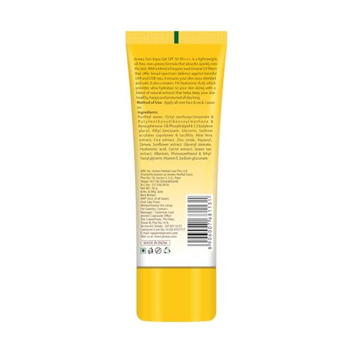 Image of Jovees Herbal Sun Aqua Gel Sunscreen SPF 50 PA+++ | Lightweight, Water-Like Texture | 1% Hyaluronic Acid | Non-Greasy, No White Cast | Perfect for Oily & Combination Skin | Sunscreen For Men /Women 50g