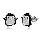 Hypoallergenic 925 Sterling Silver Animals Mushroom Stud Earrings Dog Bunny Pig Cow Otter Deer Ear Studs for Women (Penguin)