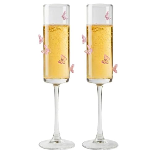 1CHASE Champagne Flute Glasses with Butterfly Design 180ML Elegant Stemware Set of 2 Clear Glass Sparkling Wine & Prosecco Glasses for Celebrations