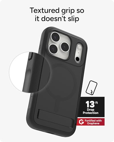 Image of ZAGG Sedona Snap Case with Kickstand for iPhone 17 Pro - Pitch Black, Drop Protection (13ft /4m), Multi-Layer Protection, with Camera Button, MagSafe Phone Case with Impact-Absorbing Bumpers