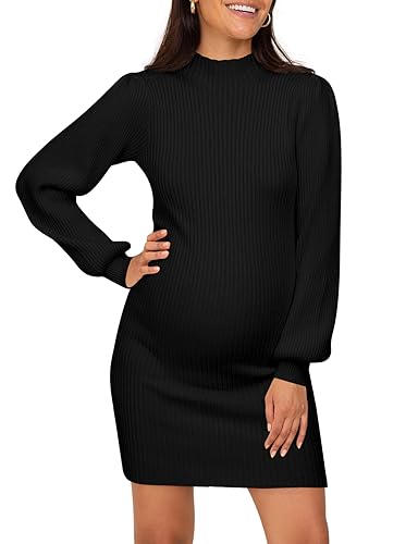 Lueluoye Black Maternity Dress Photoshoot Pregnant Mock Neckline Long Puff