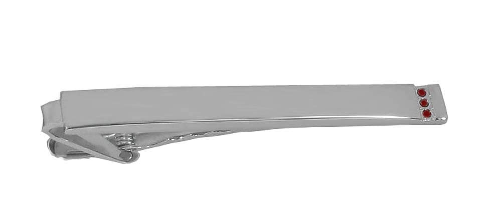 Krawattennadel Klammer silberfarben glänzend + 3 siamroten Kristallsteinen 6,8 cm m. i. Germany + Silberbox
