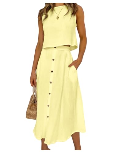 SOLY HUX Womens 2 Piece Skirt Sets Sleeveless Tank Tops and Button Front Skirt Summer Vacation Outfits Plain Yellow Medium