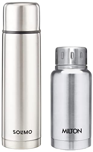 Image of Milton Thermosteel Plain Lid 1000 Flask, 1 LTR, Silver & Elfin Vacuum Flask, 160 ml, Steel Combo
