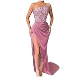 NATHGAM Glitter Sequin Prom Dresse Women Elegant Mermaid Slit Satin Evening Dress Sparkly Stretch Fo