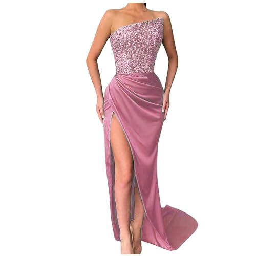 Nathgam Glitter Sequin Prom Dresse Women Elegant Mermaid Slit Satin Evening Dress Sparkly Stretch Formal Wedding Gown Dress Pink #TOP8