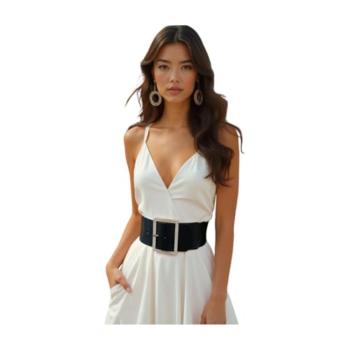 Women Black Color Wide Elastic Fashion Belt Gold Bling Metal Square Buckle Fit S M z2333