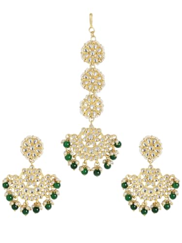 Juego de joyas de Kundan tradicionales y perlas bañadas en oro verde para invitadas de boda