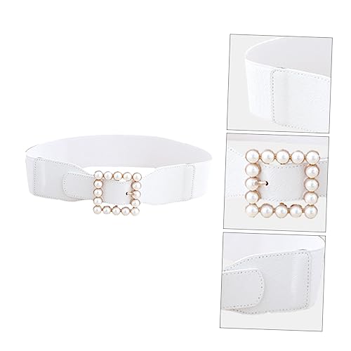 Pearl Waistband Belt with Square Buckle Elastic Ladies Decorative Cummerbund for Dresses Alloy Material White Fashion Accessory for Skirts and Pants4
