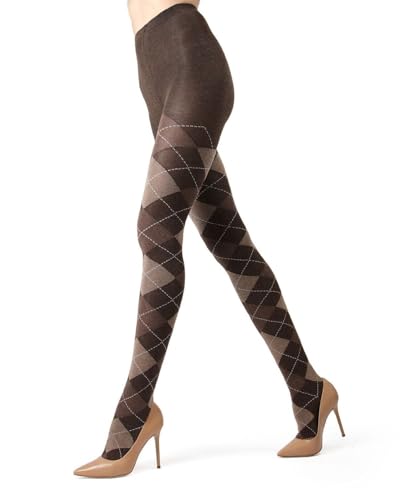 MeMoi Classic Argyle Cotton Tights for Women, Cozy and Stlylish Patterned Sweater Tights - Sizes Small to 6X, Brown Heather, Large/X-Large