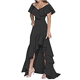 Generic Vestidos Elegantes s De Mujer para Fiesta, Fashion Women's V-Neck Split Ruffle Irregular Elegant Dress for Women 2023 Wedding Guest Prom Dresses Black Cocktail Dress, Large