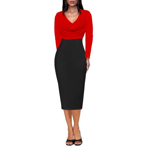 Women's Sheath Dress Long Sleeve Cowl Neck Colorblock Patchwork Ruched Midi Bodycon Dresses