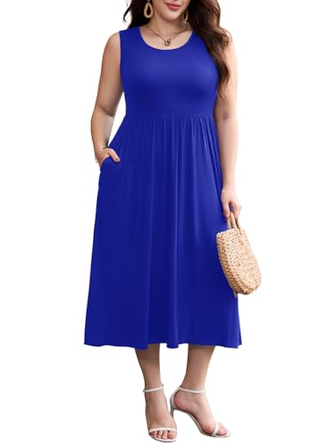 Image of LARACE Women's Plus Size Sleeveless Maxi Dress Casual Crew Neck Pleated Flowy Long Dresses with Pockets L-6XL