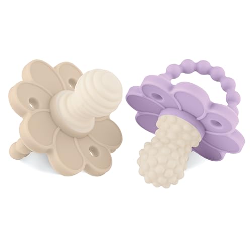 Image of Soothipop Silicone Pacifier Teething Toys for Babies 0-6 Months 12, 18 Months - (2 Pack) Pacifier Shaped Baby Teether, Soft Teething Pacifiers for Babies Baby Teething Relief Flower (Purple & Beige)
