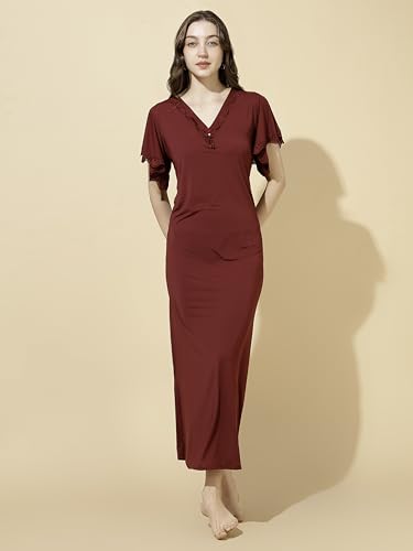 Image of 9shines Label Stylish Soft Modal Maxi Nighty | Honeymoon Nighty | Full Length Trendy Nightgown | V-Neck Lace | Premium Nightdress | Soft Long Nightdress | Maxi Gown Nightwear for Women (Malai Satin)