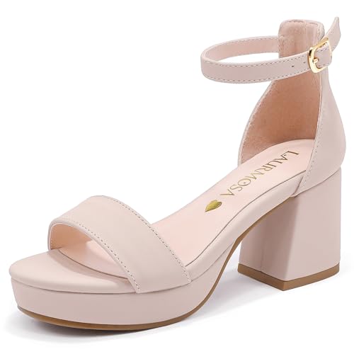 LAURMOSA Girls High Heels for Kids Dress Sandals Girls Dress Shoes Flower Girl Shoes for Wedding Party Birthday Open Toe Ankle Strap Nude Block Chunky Heels Pumps Big Kids Teen Size 3 (L1038NuNude 3)