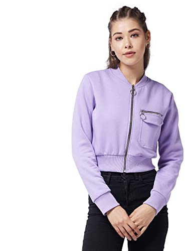 Image of Miss Chase Women's Lavender Round Neck Full Sleeve Cotton Solid Bomber Crop Jacket