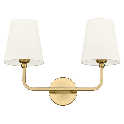 Image of 2 Light Bathroom Light Fixtures, Brushed Gold Vanity Lights, Double Wall Sconce with Beige Fabric Shade, Modern Sconces Wall Lighting for Hallway Bedroom Stairway, VL837-BG-B-2