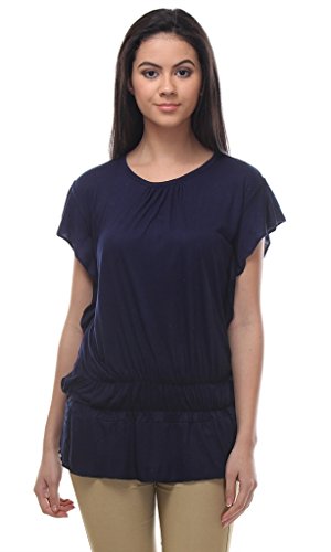 Image of Teemoods Women's Short Sleeve Blouson Top - Round Neck, Elastic Waist, Loose Fit Viscose Summer Top for Women