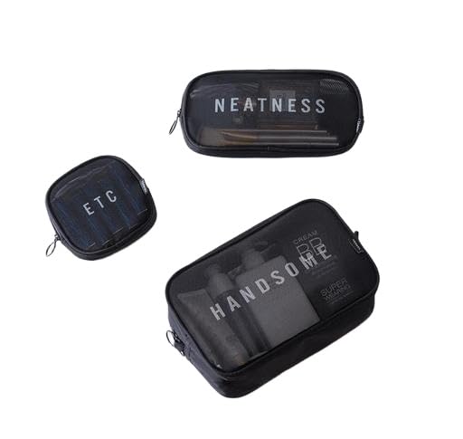 (ONLY POUCHES) Travel Nylon Mesh Makeup Bags Set 3 Pieces See Through Zipper Pouch Travel Cosmetic And Toiletry Kit Organizer Bag 3 Pack Of S M L 3-in-1-mkup-nvyblu-09-14 SB-P9291