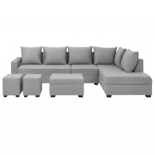 Image of FURNY Gloria 8 Seater Fabric RHS L Shape Sofa Set with 1 Centre Table & 2 Puffy (Light Grey) | Premium Velvet Finish | Ideal of Living Room