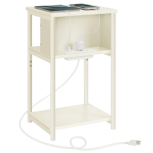 Image of VASAGLE Side Table with Charging Station, 3-Tier End Table with USB Ports and Outlets, Nightstand for Living Room, Bedroom, 11.8 x 13.4 x 22.8 Inches, Plug-in Series, Cream White