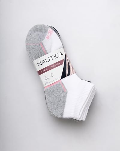 Image of Nautica Womens Quarter Socks Athletic Cushion Moisture Wicking Socks 6 Pack | Stretch Performance Dri-Motion Fabric, Cushioned with Arch Support, Breathable Mesh Panels, Quarter Cut, Shoe Size 4-10