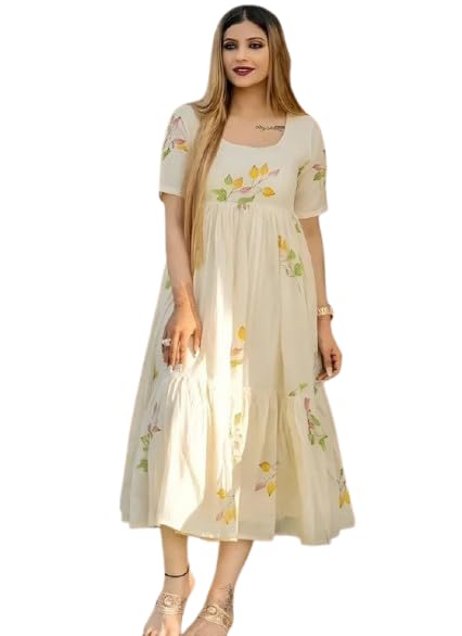 Women’s Cream Floral Printed Midi Dress | Short Sleeve Round Neck Flared A-Line Dress | Casual Summer Wear-image-37