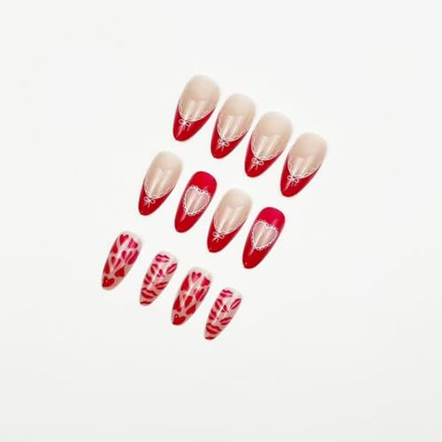 Image of Red Press on Nails Heart Fake Nails French Tip Glue on Nail with Lip Print Design Reusable Glossy Full Cover Stick on Nail for Women Manicure 24Pcs