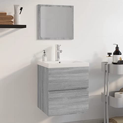 Qnhdfrt Juego de muebles de baño Sonoma gris 41 x 38,5 x 45 cm de madera con lavabo de cerámica, grifo, rebosadero, espejo acrílico, diseño moderno y montaje en pared para baño pequeño