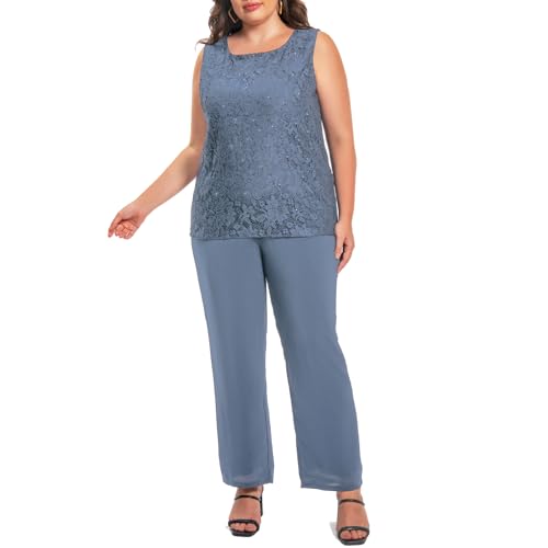 Plus Size Elegant Mother of The Bride Pant Suits Chiffon Pant with Women's Tank Top and Sequin Lace Jacket Evening Gown2