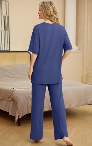 Image of PrinStory Womens Pajamas Sets 2 Piece Lounge Set Short Sleeve Tops and Long Pants Soft Pjs Loungewear with Pockets