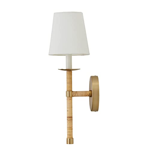 Image of Capital Lighting 647211MA-705 Tulum White Fabric Shade with Handcraft Rattan Torchiere Wall Sconce, 1-Light 60 Watt, 18 inch H x 6 inch W, Matte Brass