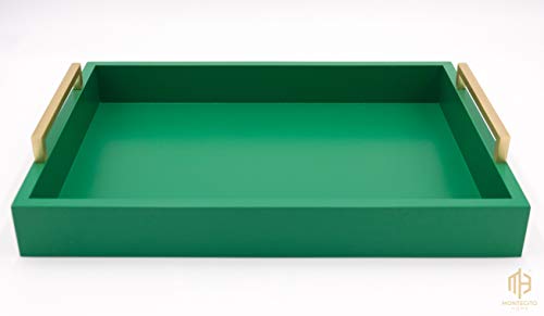 Montecito Home Decorative Coffee Table Tray - Ottoman Tray - Breakfast, Drinks, Liquor Serving Tray- from Farmhouse to Modern - Matte Finish - Champagne Gold Handles - Palm Frond Green