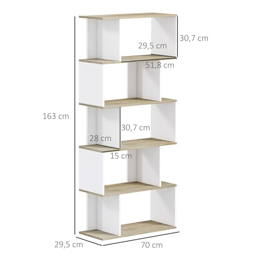 HOMCOM Bibliothèque Meuble de Rangement Style scandinave avec 5 étagères Anti-basculement Charge 25 kg pour Bureau Salon Chambre 70x29,5x163 cm Aspect Bois et Blanc – Image 4