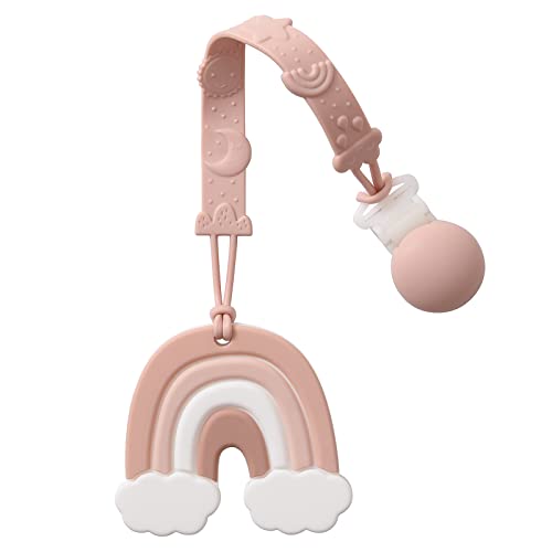 Image of Teething Toys for Babies 0-6 Months Baby Teethers with Clip Silicone Baby Teether Toys for Boys and Girls Infant Teething Toys for Babies Rainbow Shape with Travel Case-Blush