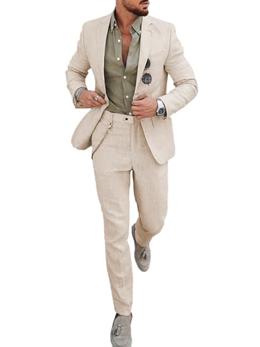 UNINUKOO Conjunto de 2 Piezas de Lino para Hombre, Conjunto de Pantalones Tipo Blazer para Playa, Boda, Vacaciones, Baile de graduación para Hombre, Beige, XX Large