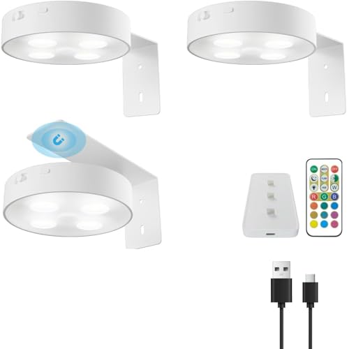 Image of 3 Pack Picture Lights for Wall Battery Operated, Motion Sensor Picture Light with Charging Base, Poster Lights with Remote Dimmable and Timer, Wall Lamps with 13 RGB for Art Display(White)