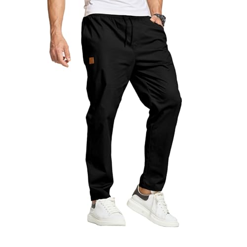 JustSun Hosen Herren Chino Cargo Hose Herren Freizeithose Cargohose Männer Jogginghose Herren Baumwolle Elastische Taille mit Kordelzug Schwarz L