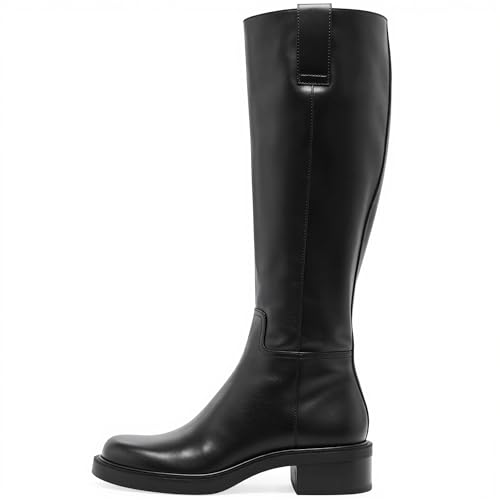 Image of KaroNairy Women Knee High Boots Faux Leather Long Boots Low Chunky Heel Square Toe Side Zipper Fall Tall Boots