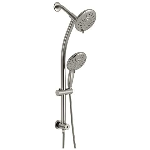 Lordear Rain Shower Head with Handheld Spray 5 Setting 3-Way Water Diverter Double Rain Hotel Spa Dual Bathroom Rain Shower Head Combo with Adjustable Sliding Bar,Brush Nickel Cover