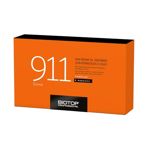 Biotop Professional 911 Quinoa Hair Repair Oil – Heat Protectant + Deep Conditioning Hair Treatment – Hair Care Ampoules for Damage – Combats Frizzy Hair (0.37 fl oz/11 ml each, 6 Count)