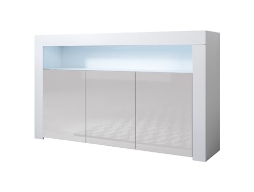 MB Muebles Bonitos, Buffet Aker avec Lumière LED et 3 Portes pour Salon et Salle à Manger, Meuble TV en Mélamine Brillante, Couleur Blanc et Gris, 155x91,5x37 cm
